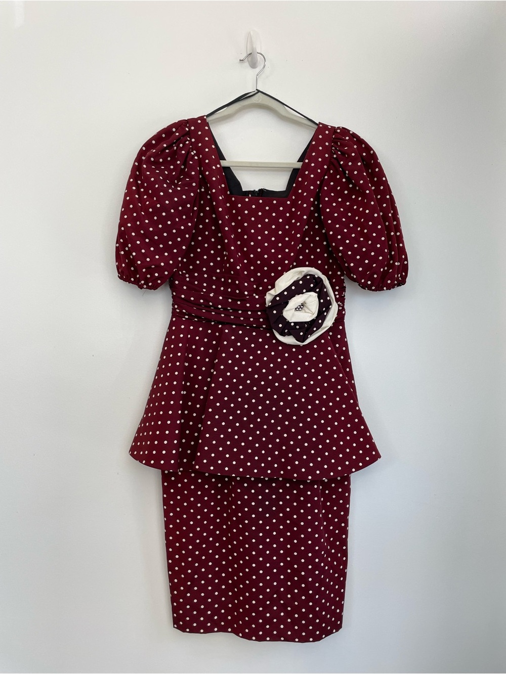 Pantagis Vintage Women's Burgundy Polka Dot Peplum Dress with Flower Accent